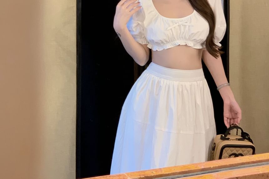 High / Rise Blouse Maxi Plain A-Line Neck Sleeveless Frill Skirt Crop Bow Scoop