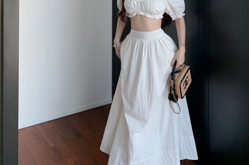 High / Rise Blouse Maxi Plain A-Line Neck Sleeveless Frill Skirt Crop Bow Scoop