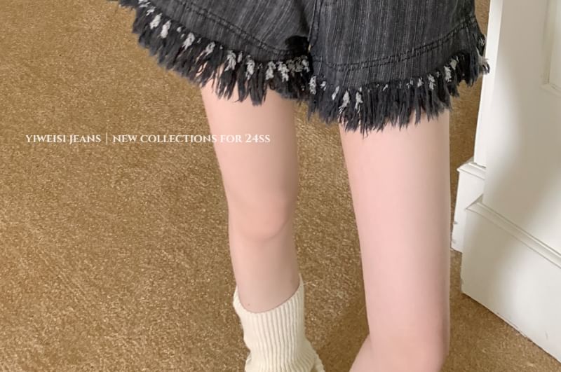 Denim Washed High Fringe Waist Shorts