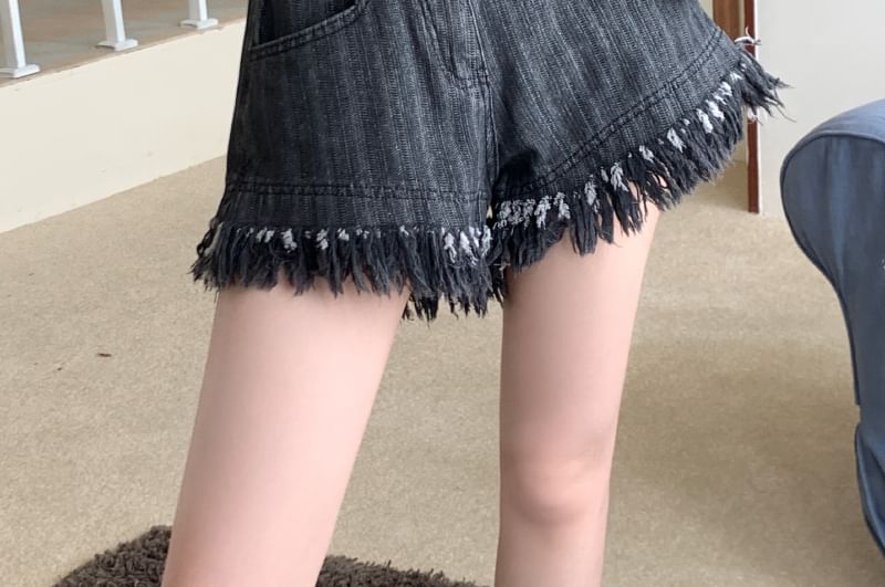 Denim Washed High Fringe Waist Shorts