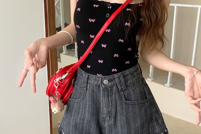 Denim Washed High Fringe Waist Shorts