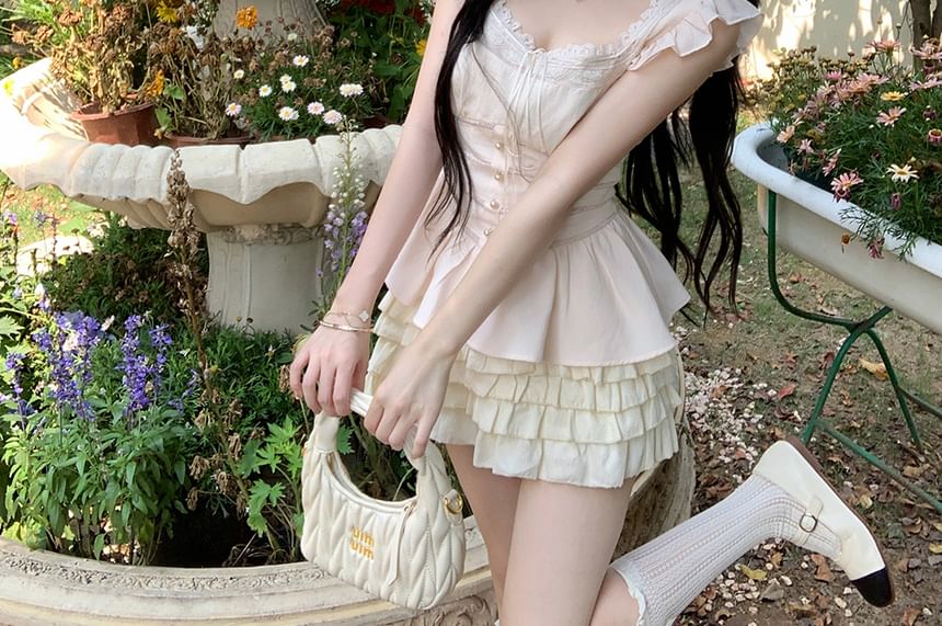 Ruffle Neck Square Blouse Bow Sleeveless Panel Lace Plain