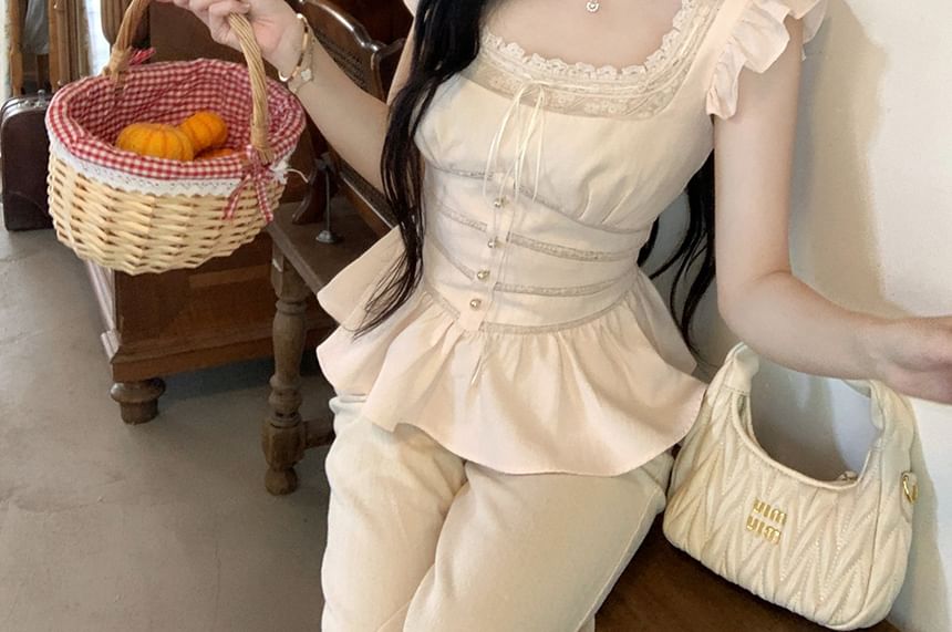 Ruffle Neck Square Blouse Bow Sleeveless Panel Lace Plain