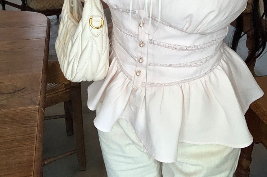 Ruffle Neck Square Blouse Bow Sleeveless Panel Lace Plain