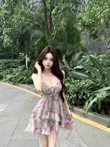 Sleeveless A-Line Ruffle Floral Mini V-Neck Print Dress