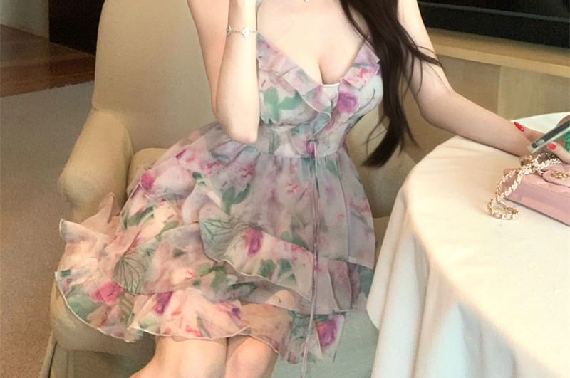Sleeveless A-Line Ruffle Floral Mini V-Neck Print Dress