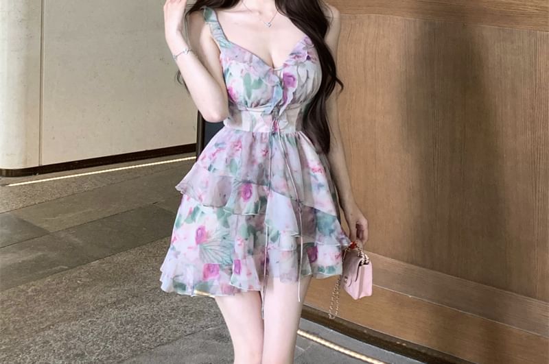 Sleeveless A-Line Ruffle Floral Mini V-Neck Print Dress