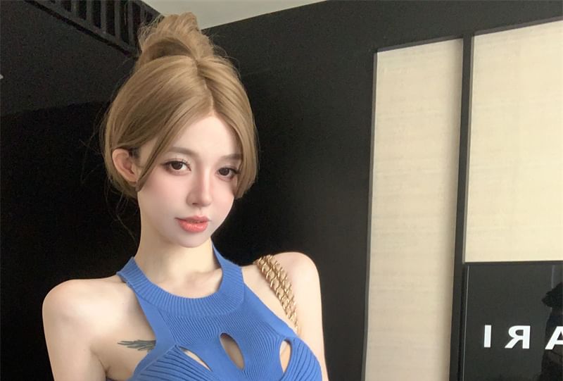 Cutout Top Halter Knit Slit Plain Ribbed