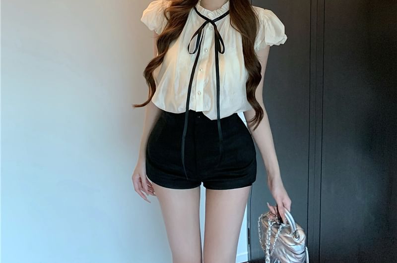 Stand Sleeve / Shorts Collar Plain Frill Cap Waist High Bow Blouse