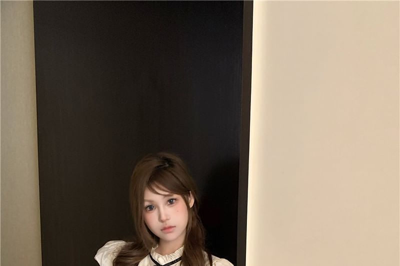 Stand Sleeve / Shorts Collar Plain Frill Cap Waist High Bow Blouse