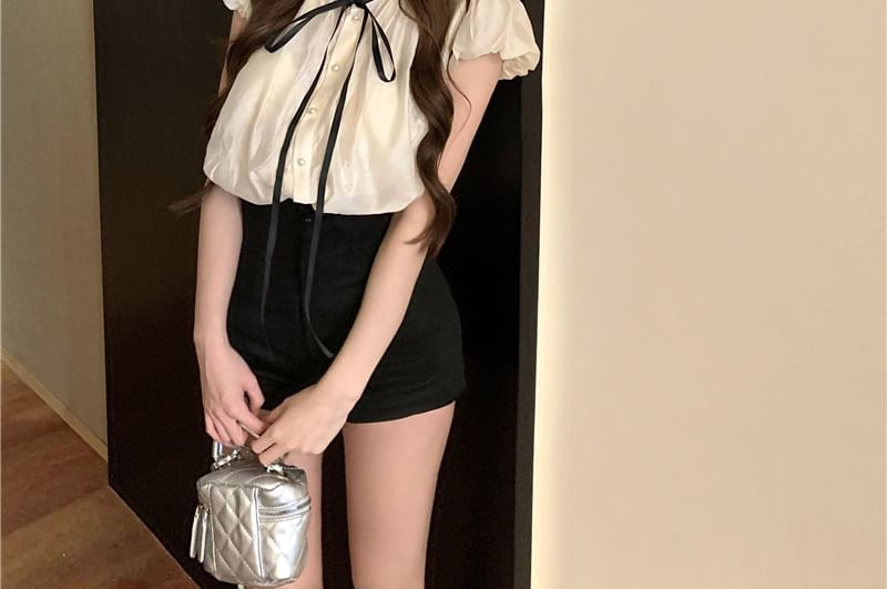 Stand Sleeve / Shorts Collar Plain Frill Cap Waist High Bow Blouse