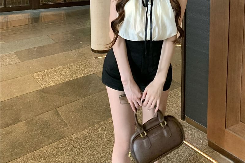 Stand Sleeve / Shorts Collar Plain Frill Cap Waist High Bow Blouse