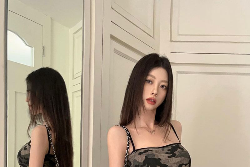 Spaghetti Camouflage Mini Strap Sheath Dress