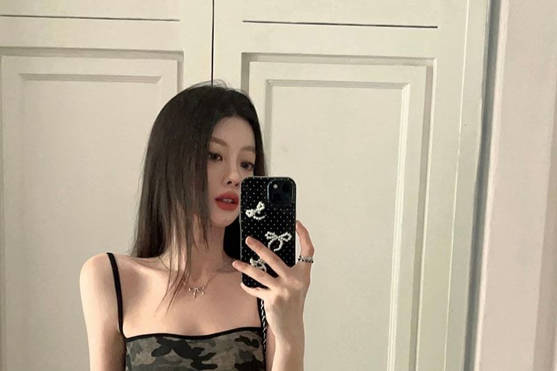 Spaghetti Camouflage Mini Strap Sheath Dress