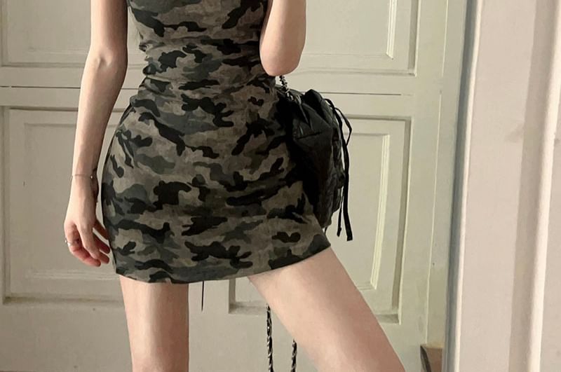 Spaghetti Camouflage Mini Strap Sheath Dress