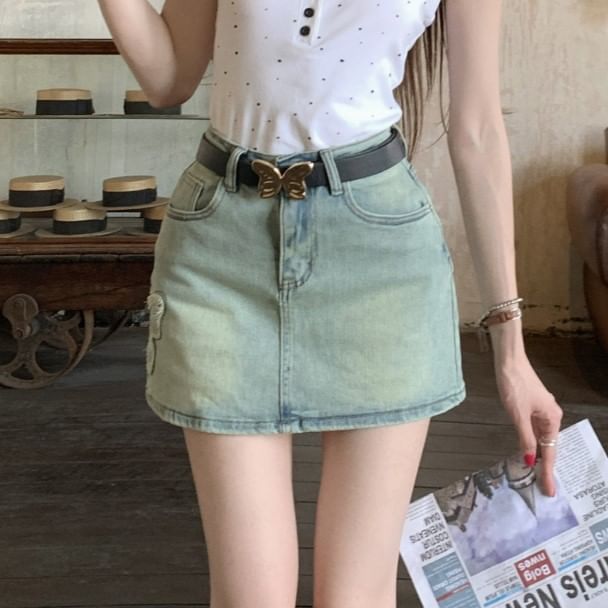 Skirt Washed Butterfly Denim Mini High Rise A-Line Applique