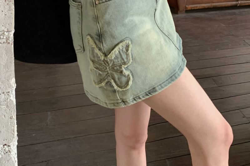 Skirt Washed Butterfly Denim Mini High Rise A-Line Applique