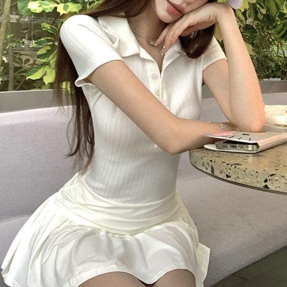 A-Line Dress Mini Sleeve Ruched Short Plain Polo