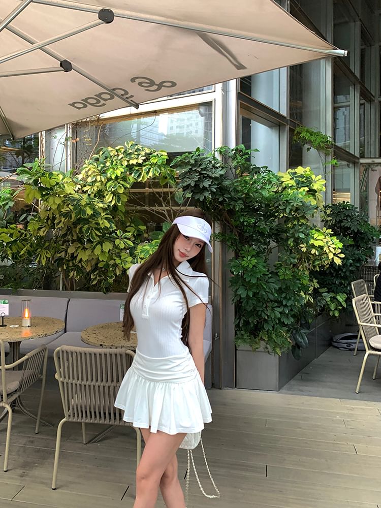 A-Line Dress Mini Sleeve Ruched Short Plain Polo