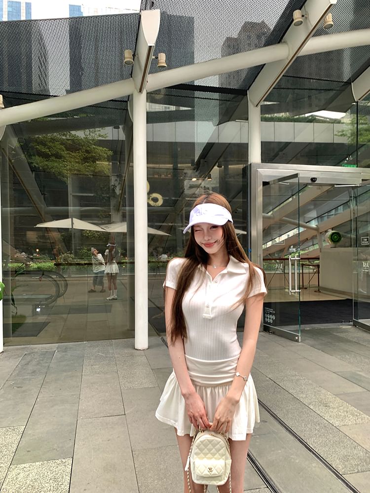 A-Line Dress Mini Sleeve Ruched Short Plain Polo