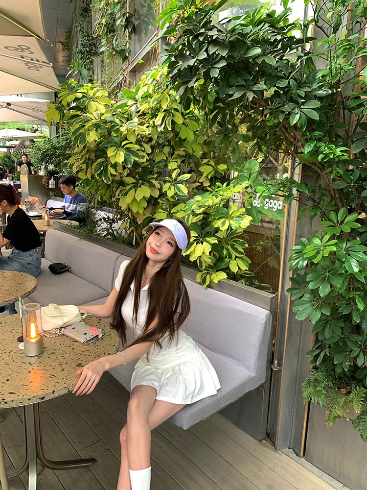 A-Line Dress Mini Sleeve Ruched Short Plain Polo