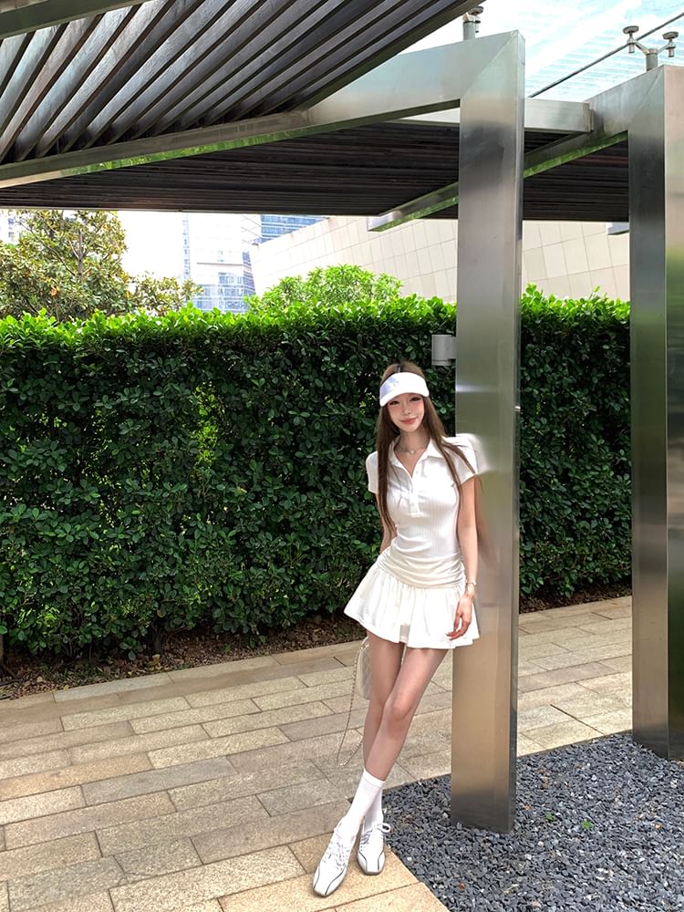 A-Line Dress Mini Sleeve Ruched Short Plain Polo