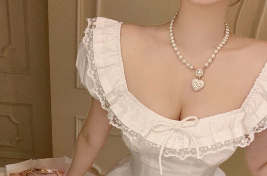 A-Line / Bow Cap Square Plain Waist Ruffle Mini Blouse High Lace Trim Sleeve Neck Skirt