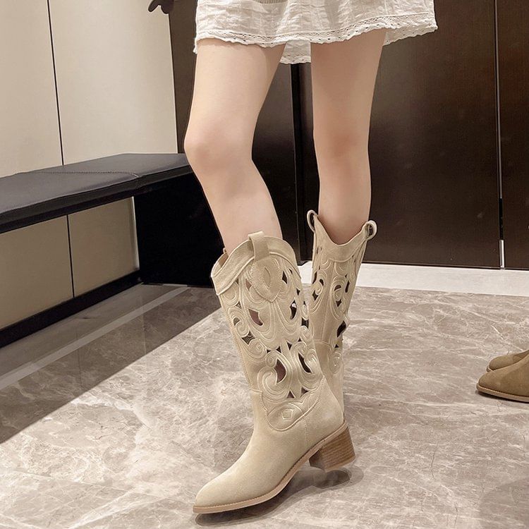 Chunky Mid-Calf Embroidered Cutout Boots Heel