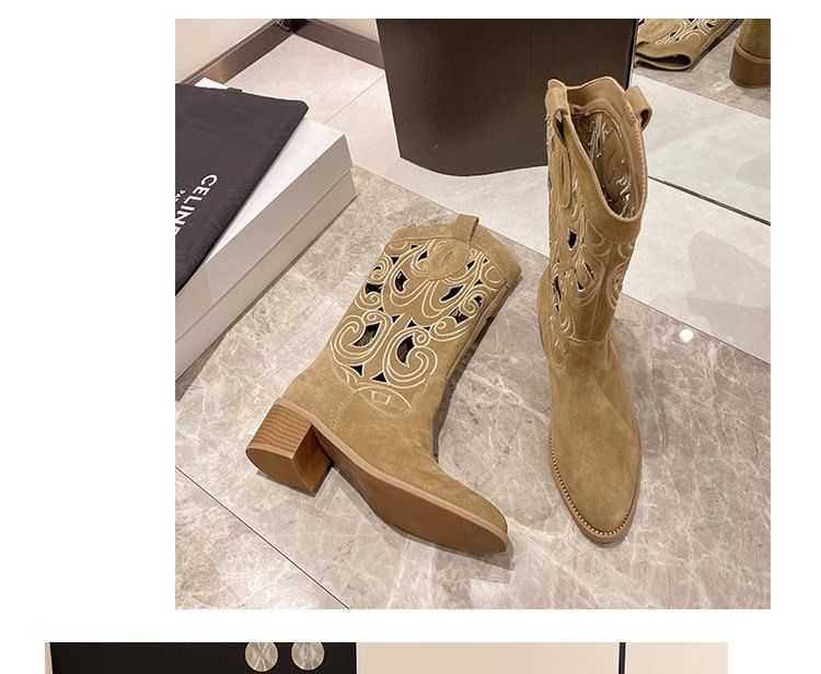 Chunky Mid-Calf Embroidered Cutout Boots Heel