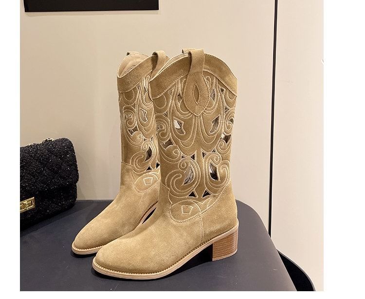 Chunky Mid-Calf Embroidered Cutout Boots Heel