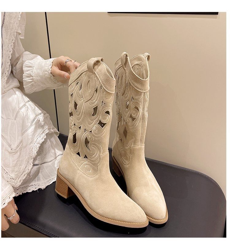 Chunky Mid-Calf Embroidered Cutout Boots Heel