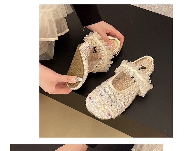Sequin Toe Round Mary Jane Mules Mesh