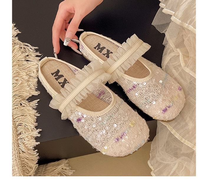 Sequin Toe Round Mary Jane Mules Mesh