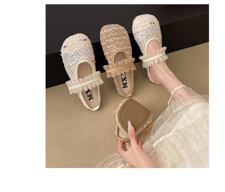 Sequin Toe Round Mary Jane Mules Mesh