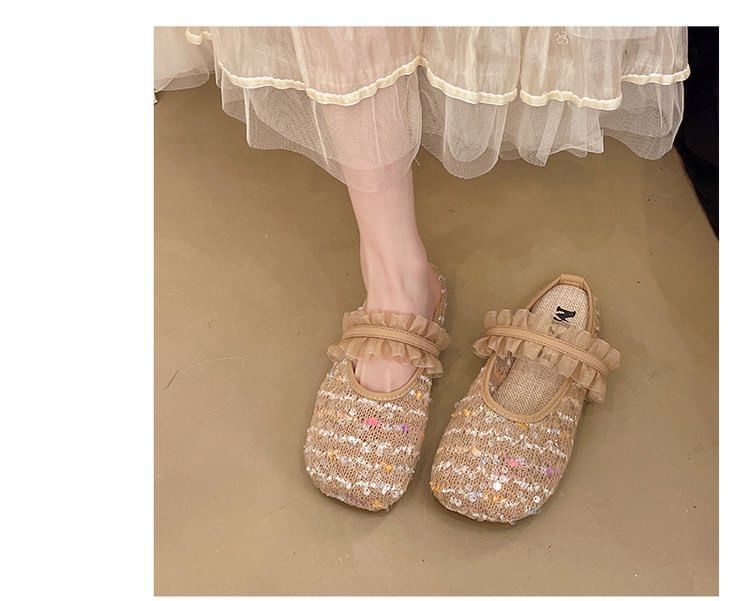 Sequin Toe Round Mary Jane Mules Mesh