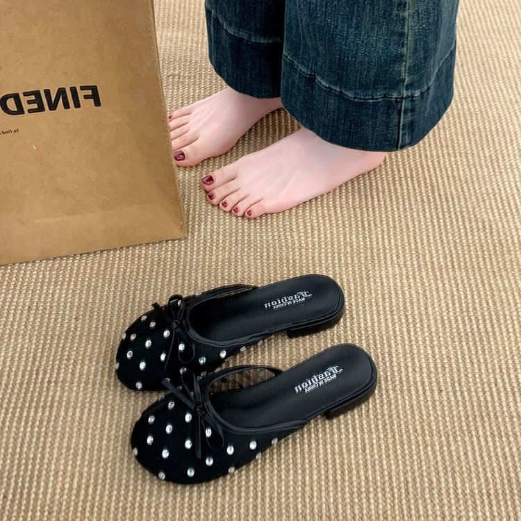 Rhinestone Bow Mules Mesh