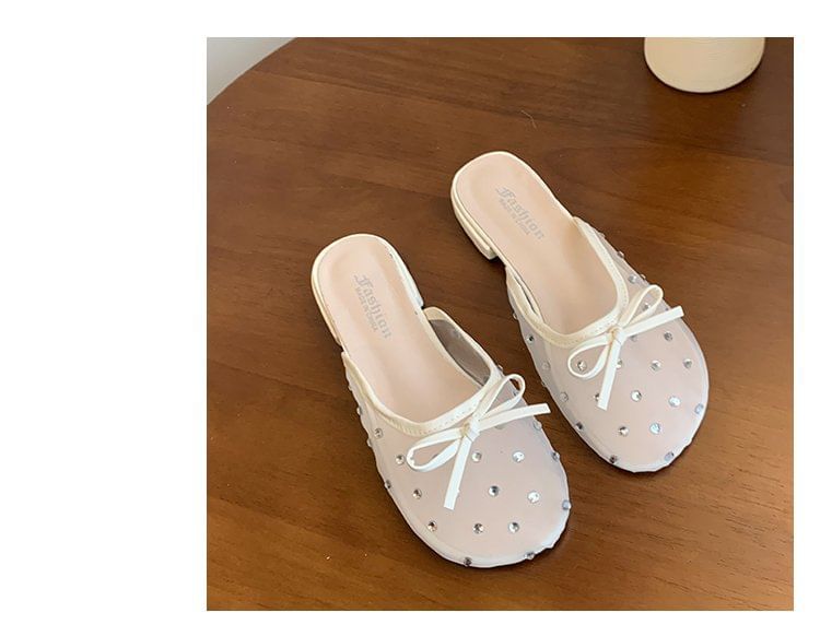 Rhinestone Bow Mules Mesh