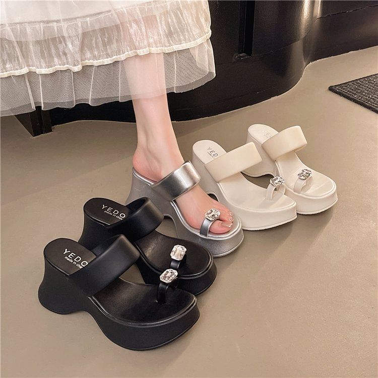 Heel Wedge Platform Slide Sandals Toe Loop Rhinestone