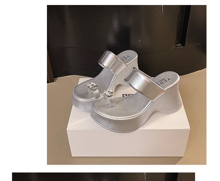 Heel Wedge Platform Slide Sandals Toe Loop Rhinestone
