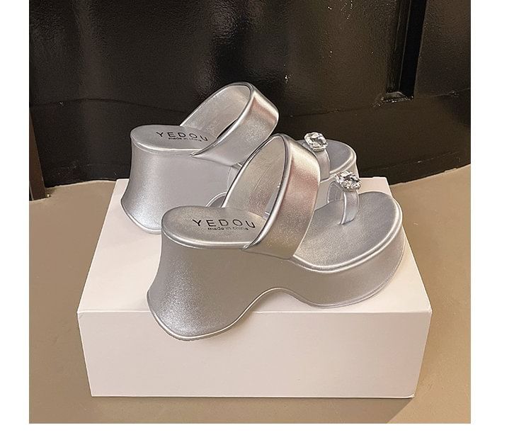 Heel Wedge Platform Slide Sandals Toe Loop Rhinestone