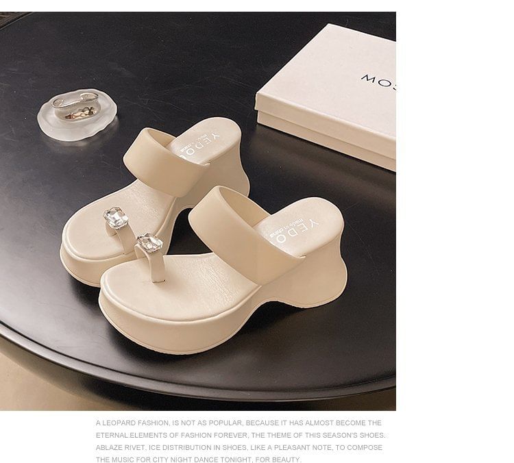 Heel Wedge Platform Slide Sandals Toe Loop Rhinestone