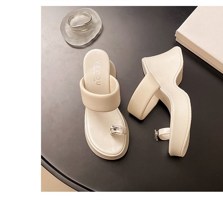 Heel Wedge Platform Slide Sandals Toe Loop Rhinestone