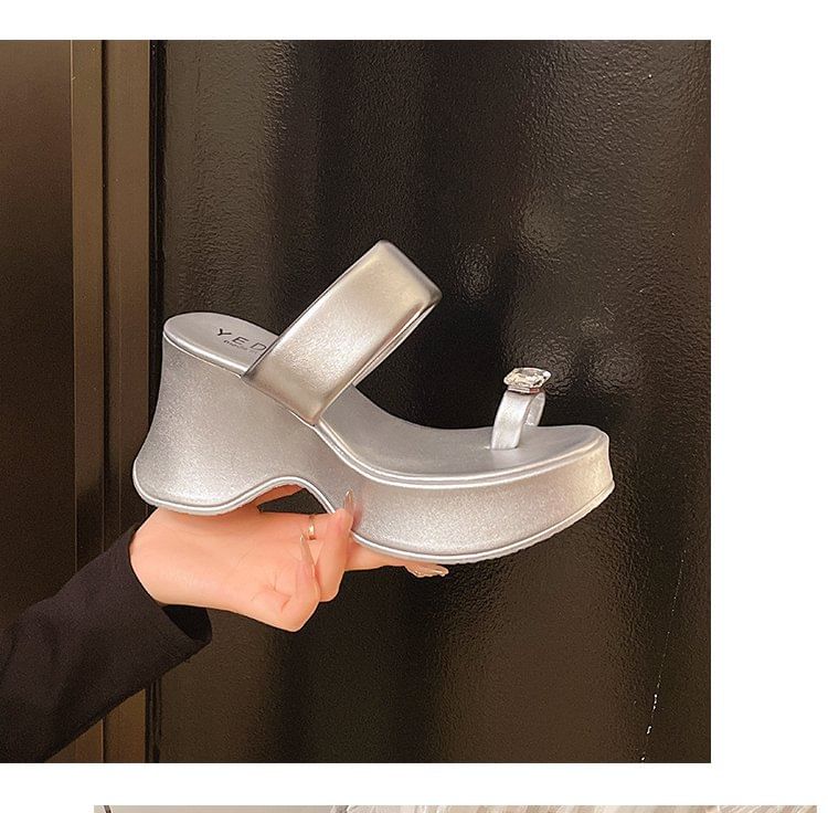 Heel Wedge Platform Slide Sandals Toe Loop Rhinestone