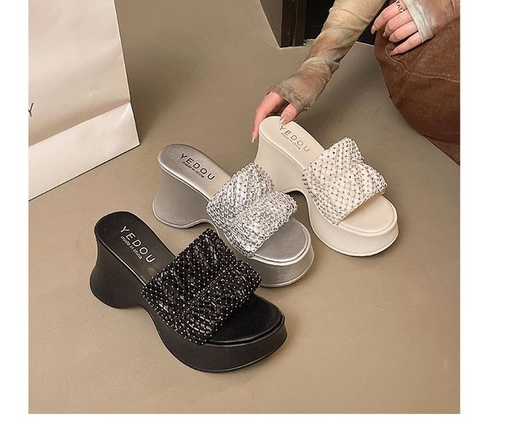 Wedge Platform Slide Rhinestone Sandals Heel