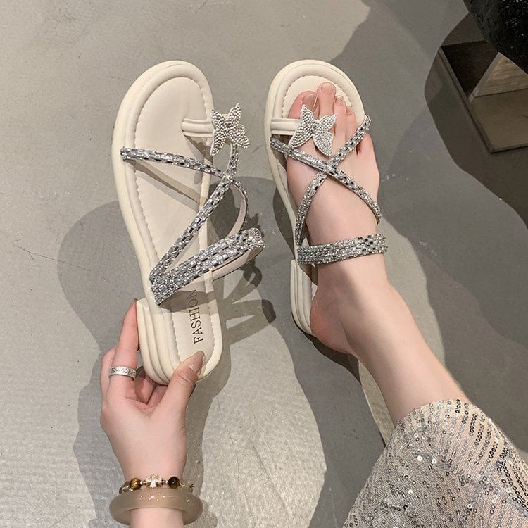 Cross Sandals Criss Toe Slide Loop Butterfly Rhinestone