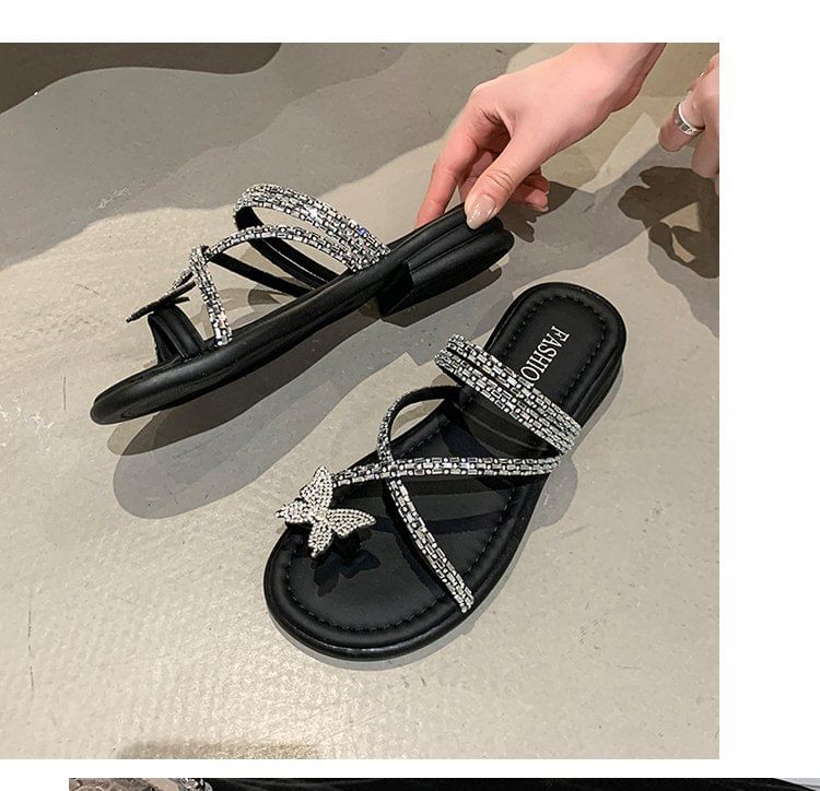 Cross Sandals Criss Toe Slide Loop Butterfly Rhinestone