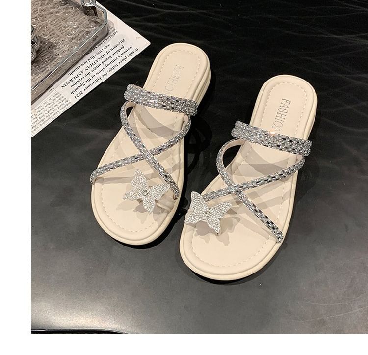 Cross Sandals Criss Toe Slide Loop Butterfly Rhinestone