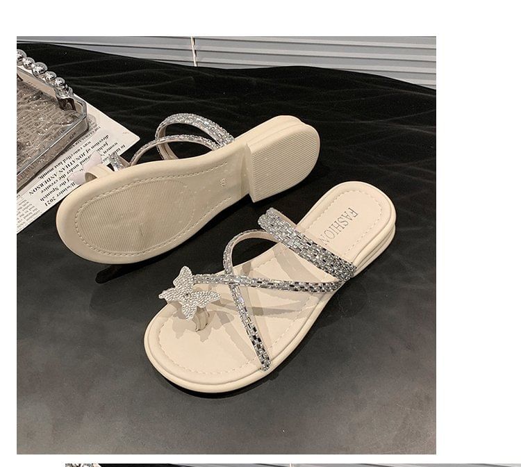 Cross Sandals Criss Toe Slide Loop Butterfly Rhinestone