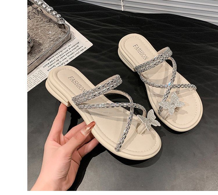 Cross Sandals Criss Toe Slide Loop Butterfly Rhinestone