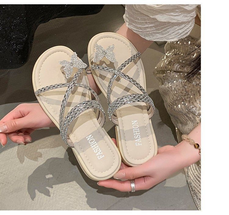 Cross Sandals Criss Toe Slide Loop Butterfly Rhinestone
